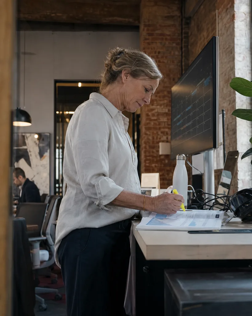 Head of marketing at a standing desk in a warehouse office marking a printed weekly report with a highlighter, a calendar grid on the monitor behind