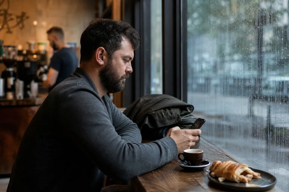 Small company owner at a cafe window seat reviewing draft posts on his phone, espresso and croissant beside him