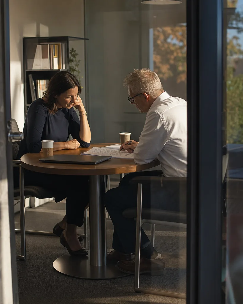 Two company directors at a round table in a glass meeting room reviewing a stapled printed marketing cost report, seen through the glass door