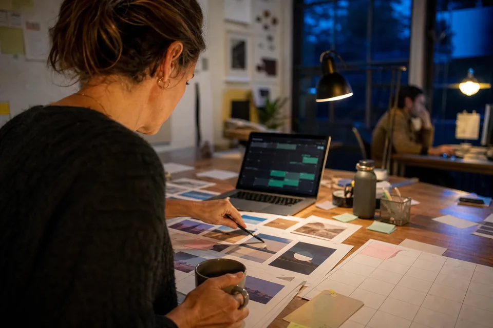 Co-founder in a small studio at dusk pointing with a pen at a printed social post on a worktable, laptop beside her showing a dark content calendar