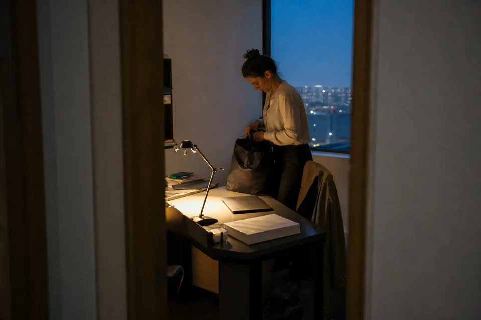 Open door of a small office at dusk seen from a dark corridor, desk lamp on inside, a woman packing her bag beside a closed laptop