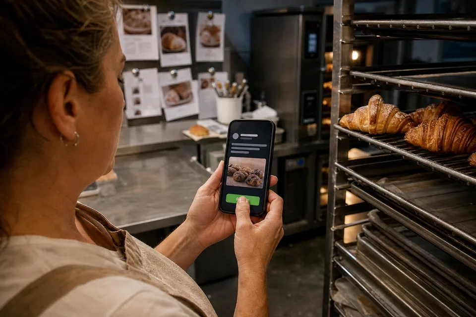 Over the shoulder of a bakery owner in her back room at dawn, thumb tapping the approve button on a dark app card on her phone, trays of croissants cooling and printed pastry photos pinned above the prep counter