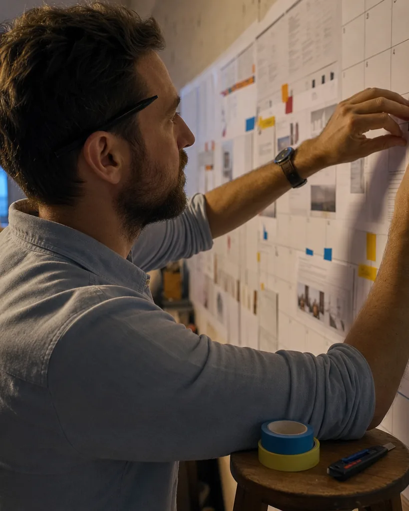 Hands of a man taping printed article drafts onto a wall calendar grid with washi tape in a small startup office